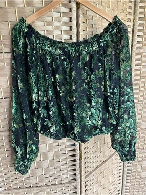Anthropologie Black Off-Shoulder Blouse with Green Floral Velvet Burnout Print